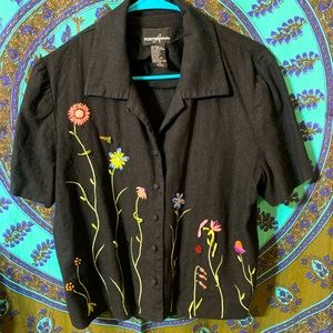 Black Vintage Collared Button-Down Blouse